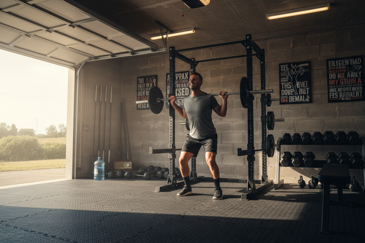 Person working out in a garage gym